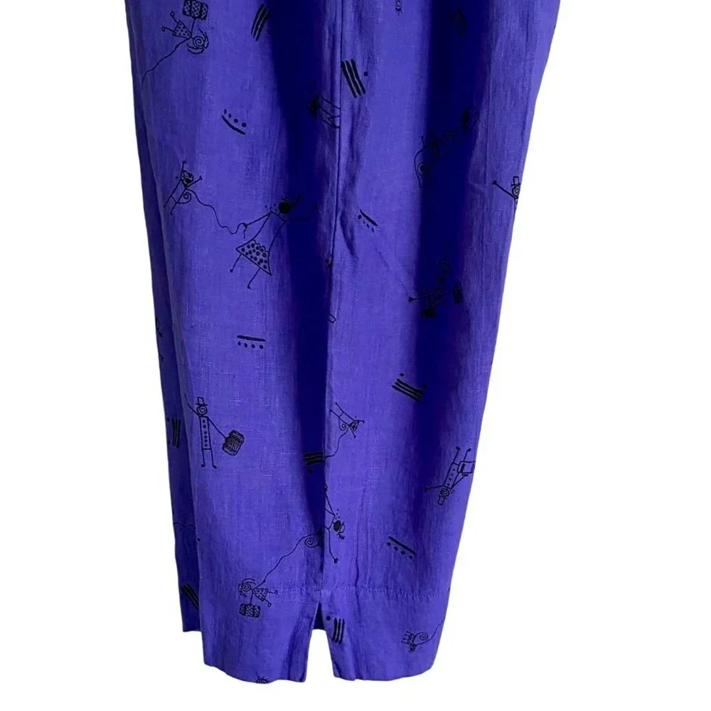 Whimsical Stick Figures Elastic Waist Capris Pants Purple with Pockets Size XL